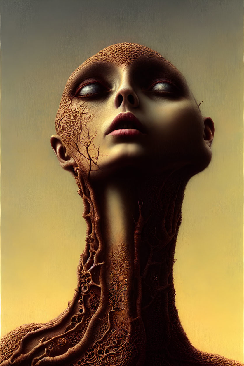 Elongated neck humanoid figure with cracked earth patterns on golden backdrop