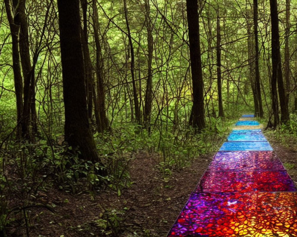 Colorful Mosaic Pathway in Dense Green Forest