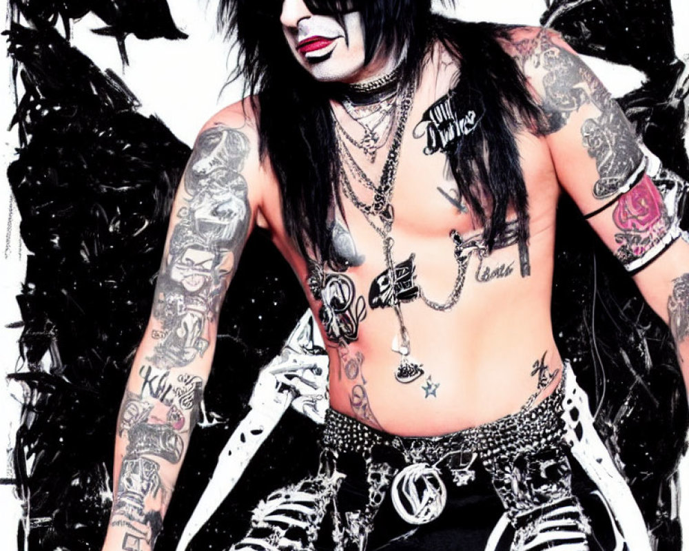 Person with dramatic makeup, tattoos, and rock outfit on high-contrast background