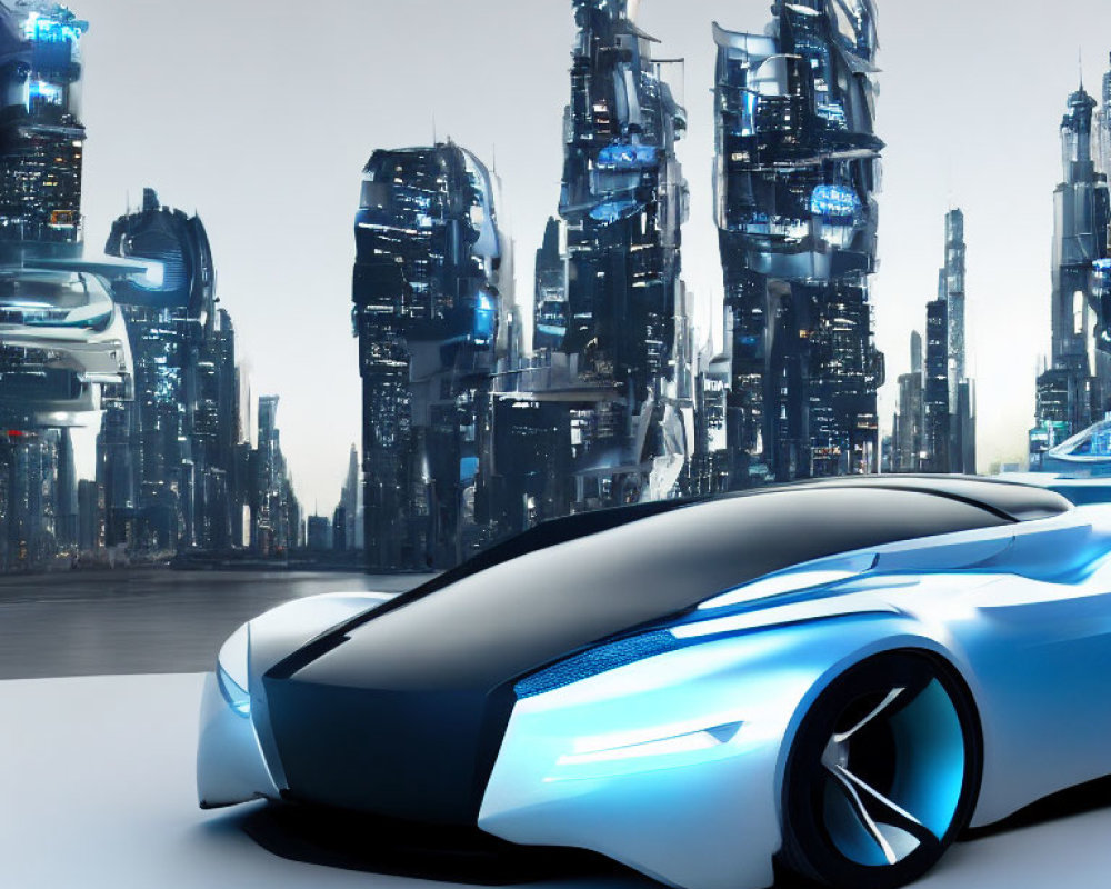 Sleek futuristic blue car in front of high-tech cityscape
