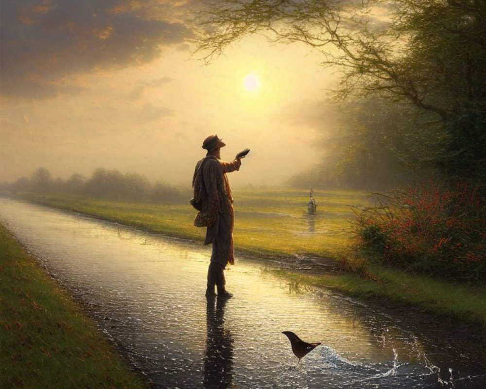 Person in coat and hat feeding bird on wet path at sunrise with misty trees