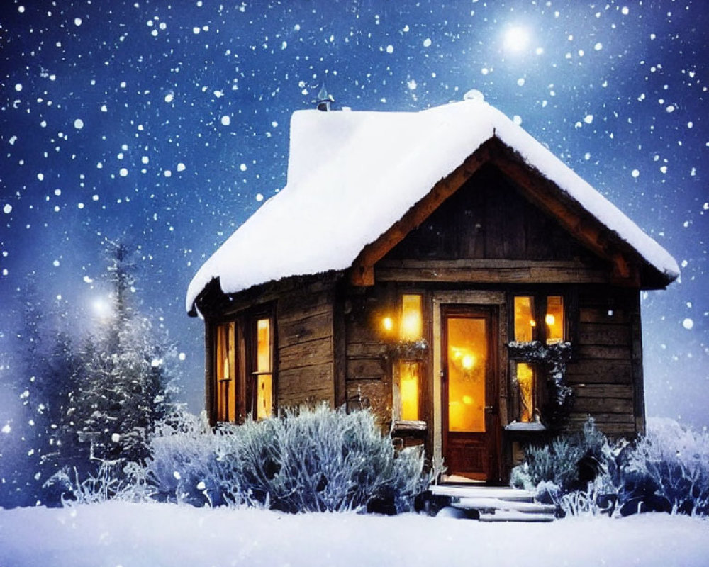 Snowy Twilight Scene: Cozy Wooden Cabin in Warm Light