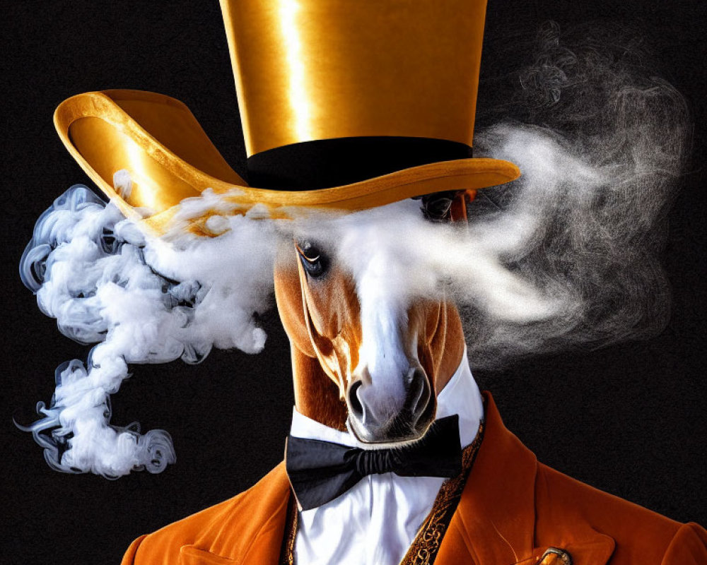 Human-bodied horse in orange suit, bowtie, top hat exhaling smoke