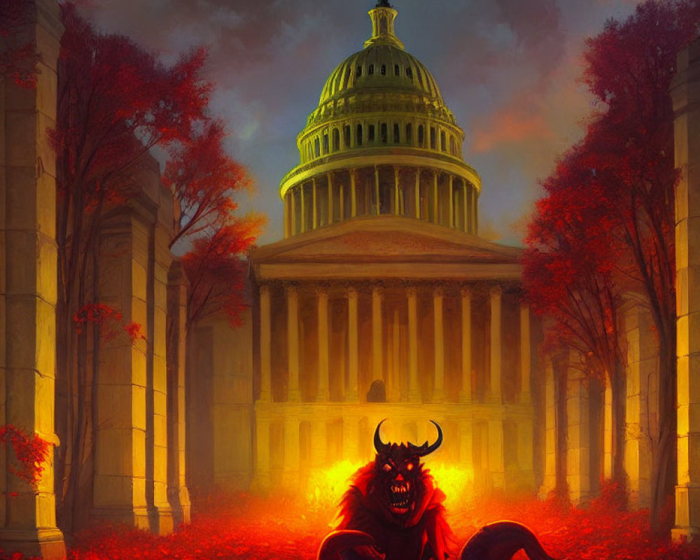 Fictional demon crouching at US Capitol in fiery glow