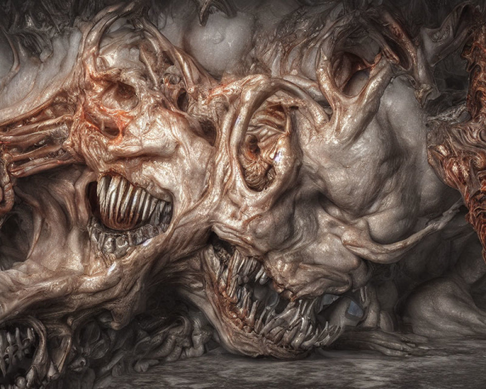 Surreal Artwork: Intertwined Monstrous Faces with Gaping Mouths