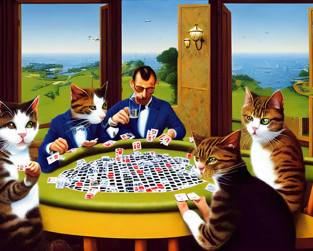 Whimsical painting of man playing poker with large cats by scenic sea view