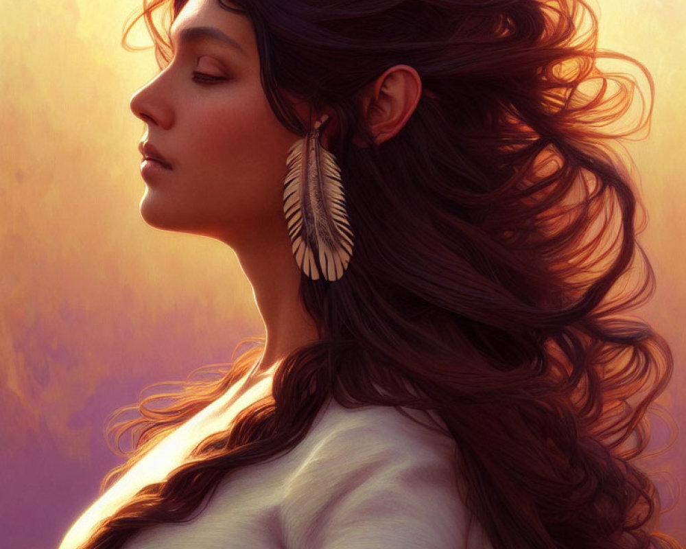 Woman with flowing hair and feather earring in golden glow.