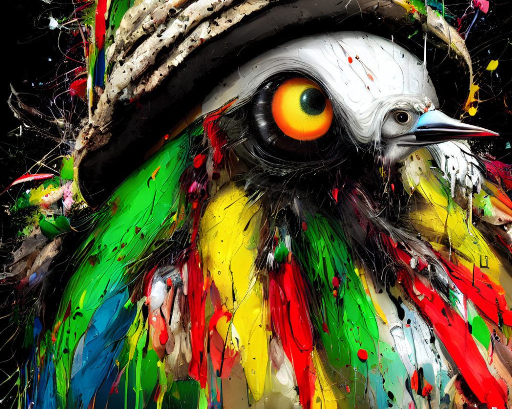 Colorful Bird Painting with Splattered Paint Effects and Textured Hat