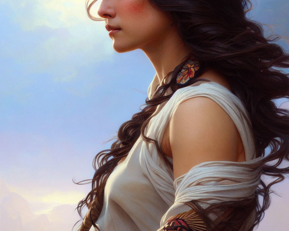Illustration of woman with long dark hair, fair skin, red cheek markings, white drape,