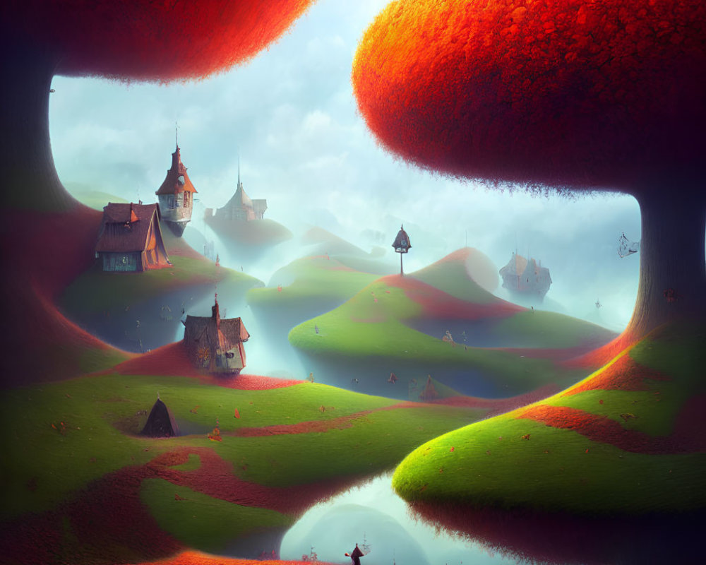 Colorful Fantasy Landscape with Oversized Mushrooms and Whimsical Houses