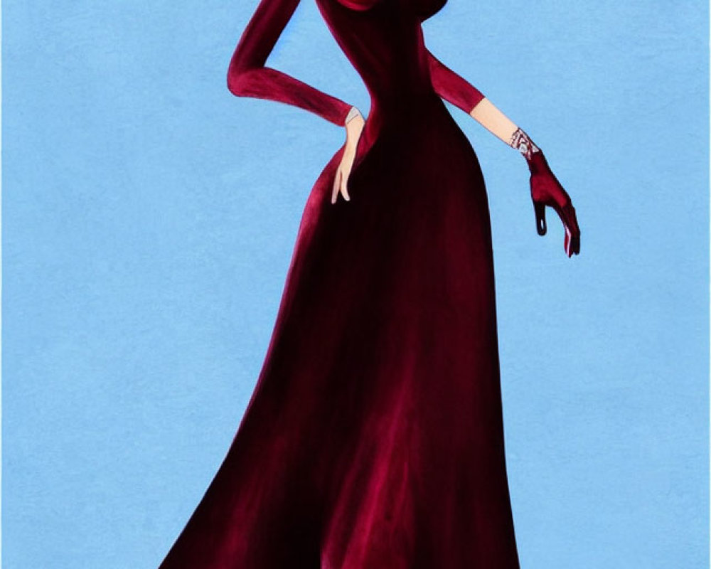 Stylized illustration of woman in bob haircut and burgundy dress