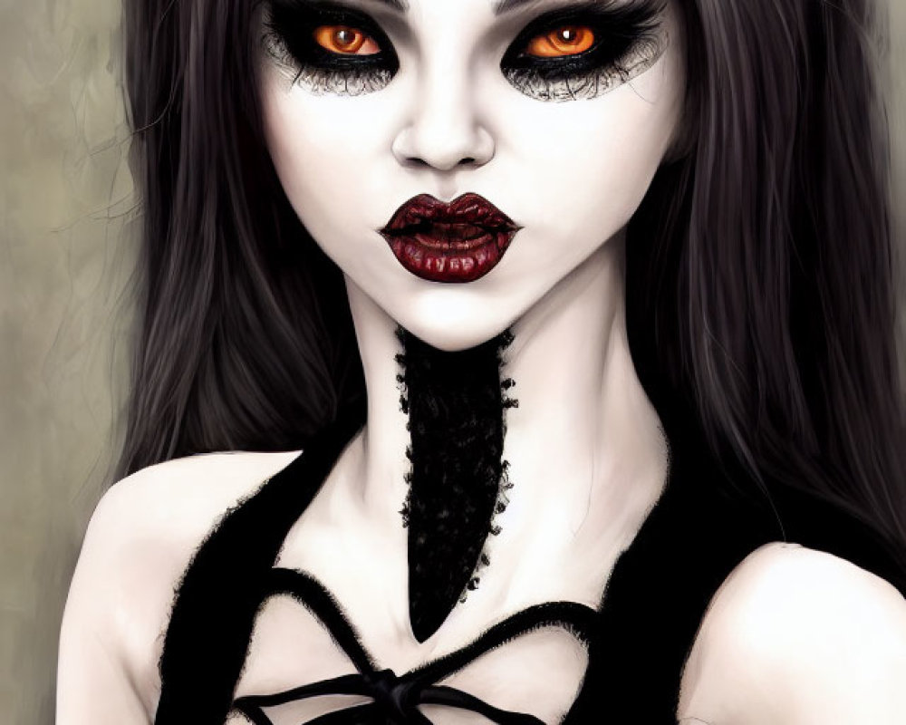 Digital artwork featuring woman with orange eyes and dark gothic attire