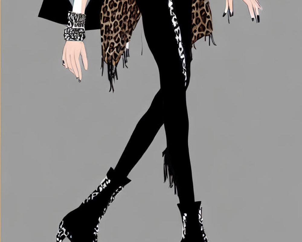 Fashion illustration of person in stylish outfit with black pants, white detailed boots, and leopard print jacket