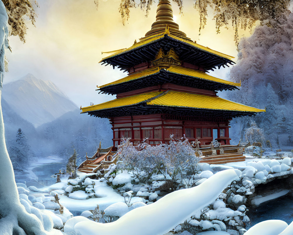Red and Gold Pagoda in Snow-Covered Landscape with Bridge and Mountains