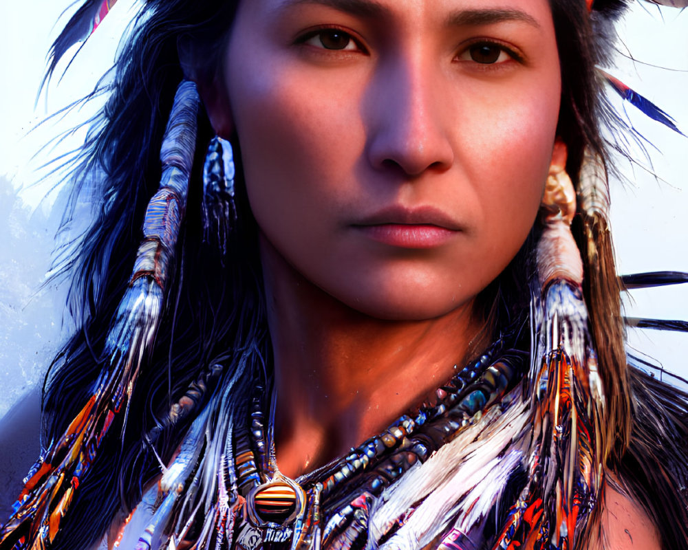 Detailed close-up of woman in Native American headdress with beadwork and feathers