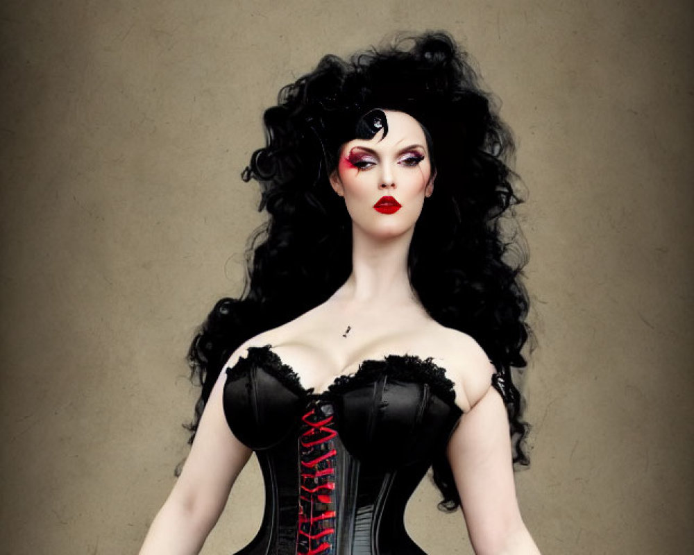 Stylized portrait of a woman with black hair and corset on beige background