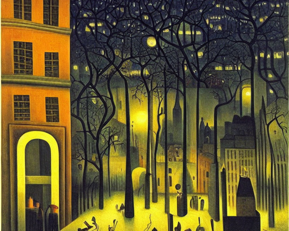 Vibrant urban night scene with elongated trees and caricatured figures