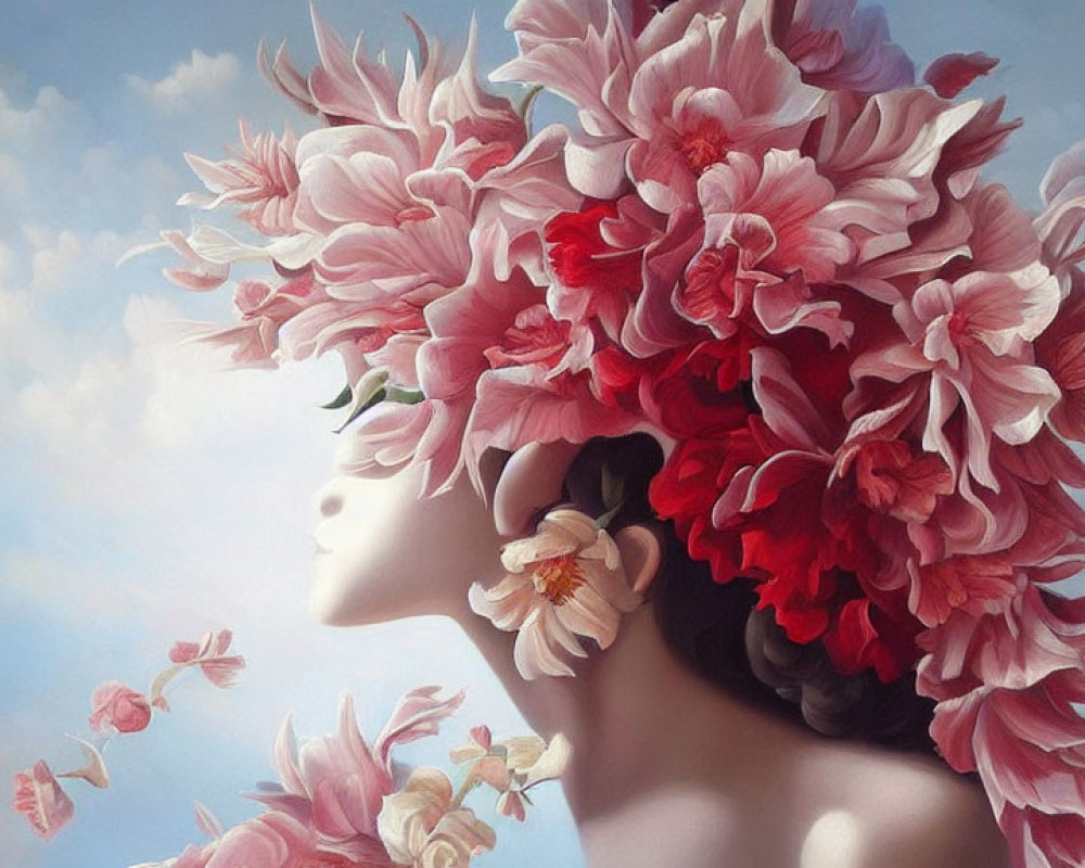 Person wearing elaborate floral headpiece with pink and white blooms against soft blue sky.