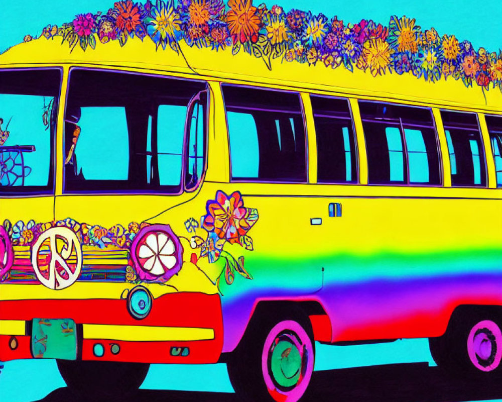 Colorful Bus Artwork with Rainbow Paint and Flower Details