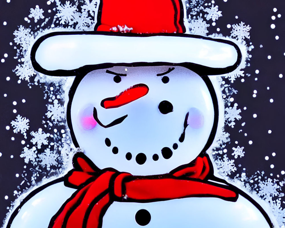 Cheerful snowman with red scarf and top hat in snowy scene