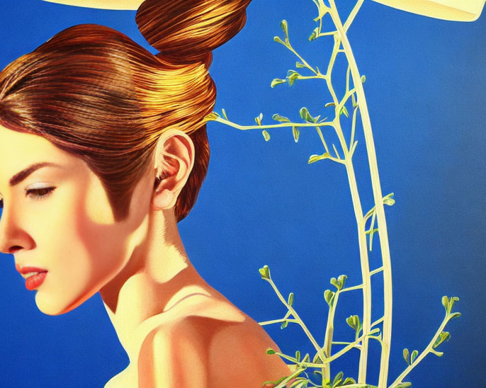 Stylized painting of woman with updo hairstyle against blue background