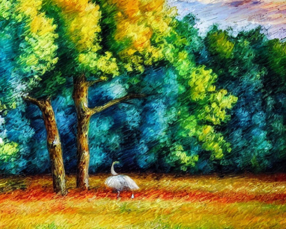Colorful Impressionist Landscape with White Swan in Grassy Field