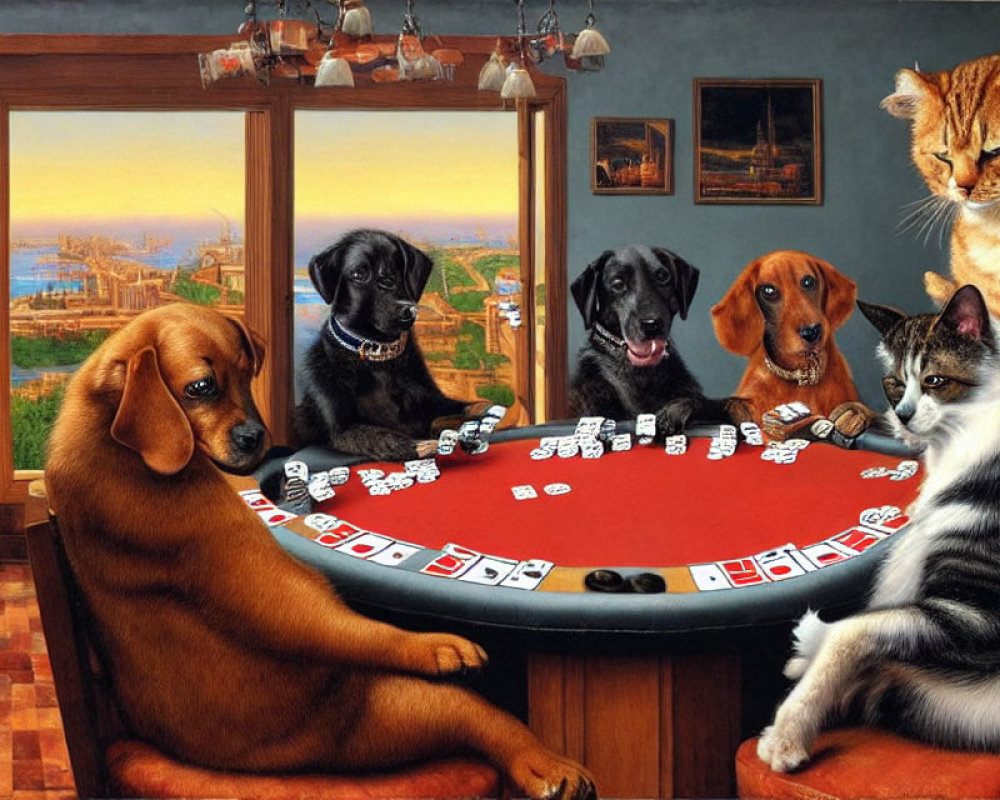 Whimsical painting: Dogs and cat playing poker in luxurious room
