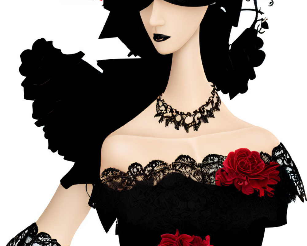 Woman with oversized red rose hat, black lace dress, and choker necklace.
