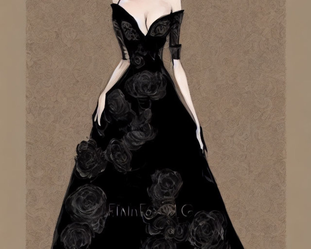 Woman in Elegant Off-Shoulder Black Gown with Rose Patterns
