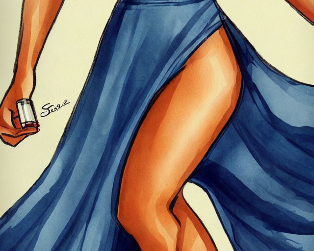 Person in Flowing Blue Dress with High Slit Illustration