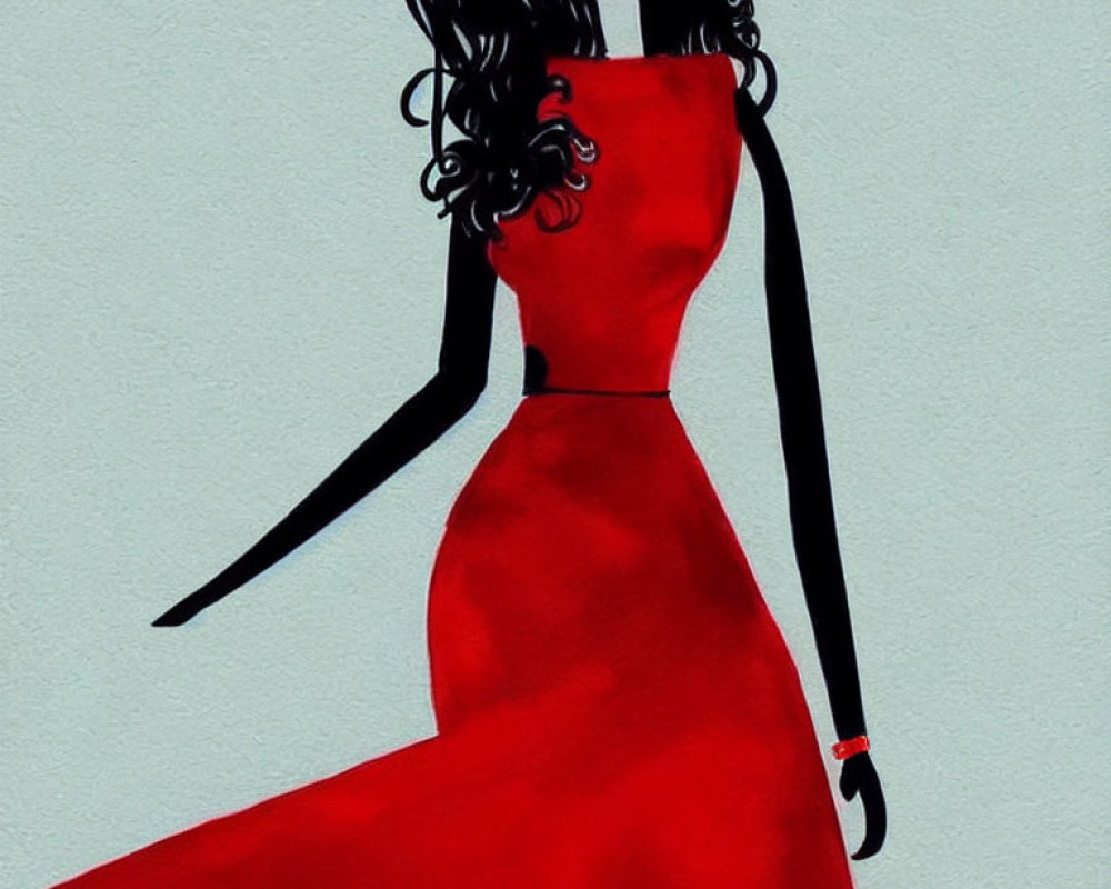 Stylized woman with long black hair in red dress on light background