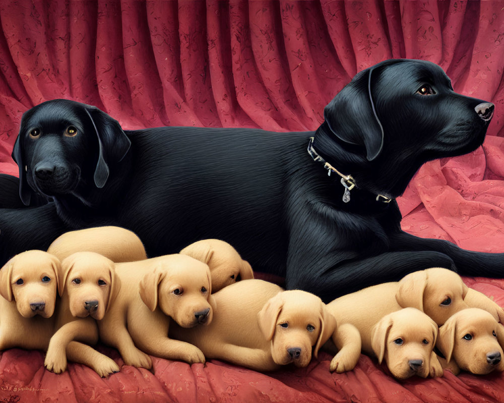 Black Adult Labrador with Yellow Puppies on Crinkled Red Background