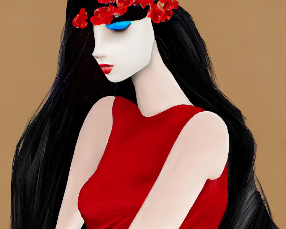 Woman with Long Black Hair in Red Dress and Blindfold Illustration