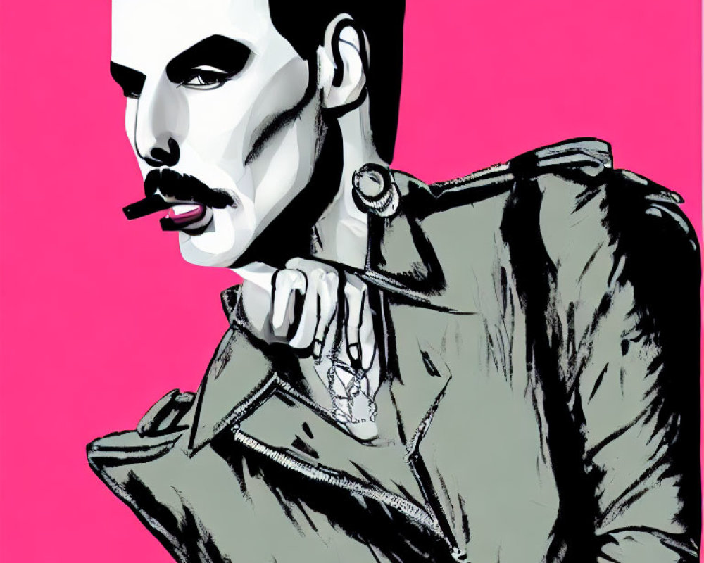 Man with Mustache in Leather Jacket Pop Art Illustration on Pink Background