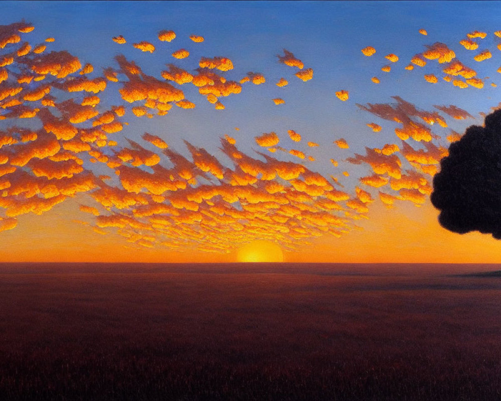 Colorful sunset painting with radiant sun, fiery clouds, and lone tree silhouette.