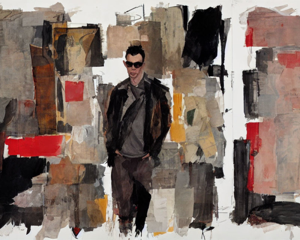 Stylized painting of person in sunglasses against abstract geometric backdrop