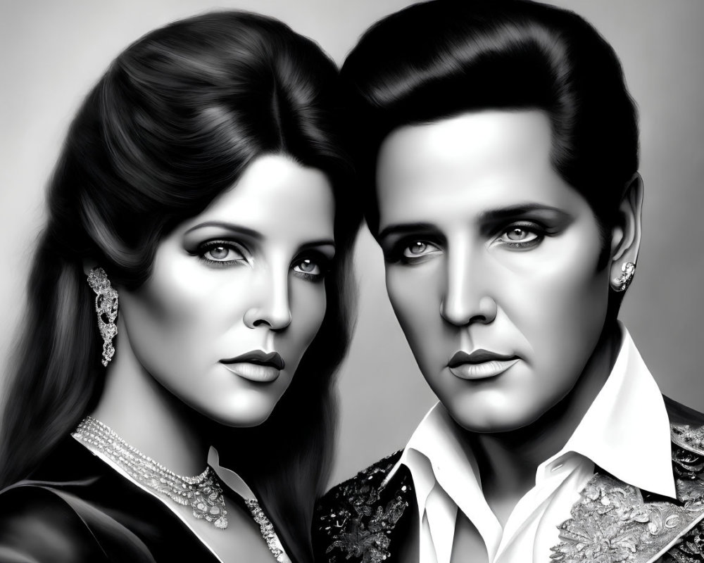 Monochrome digital painting of glamorous couple with pompadour and voluminous hair