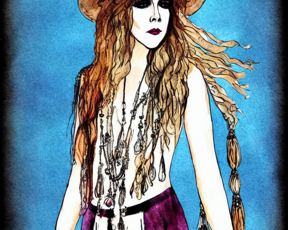 Stylized illustration of woman in bohemian attire on blue background