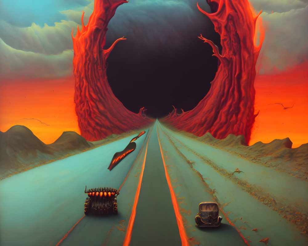 Surreal painting: Road to dark void, red tree-like structures, orange sky