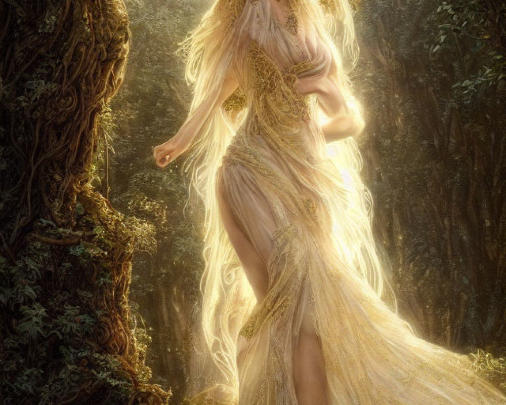 Elaborate golden hair woman in flowing dress in sunlit forest clearing