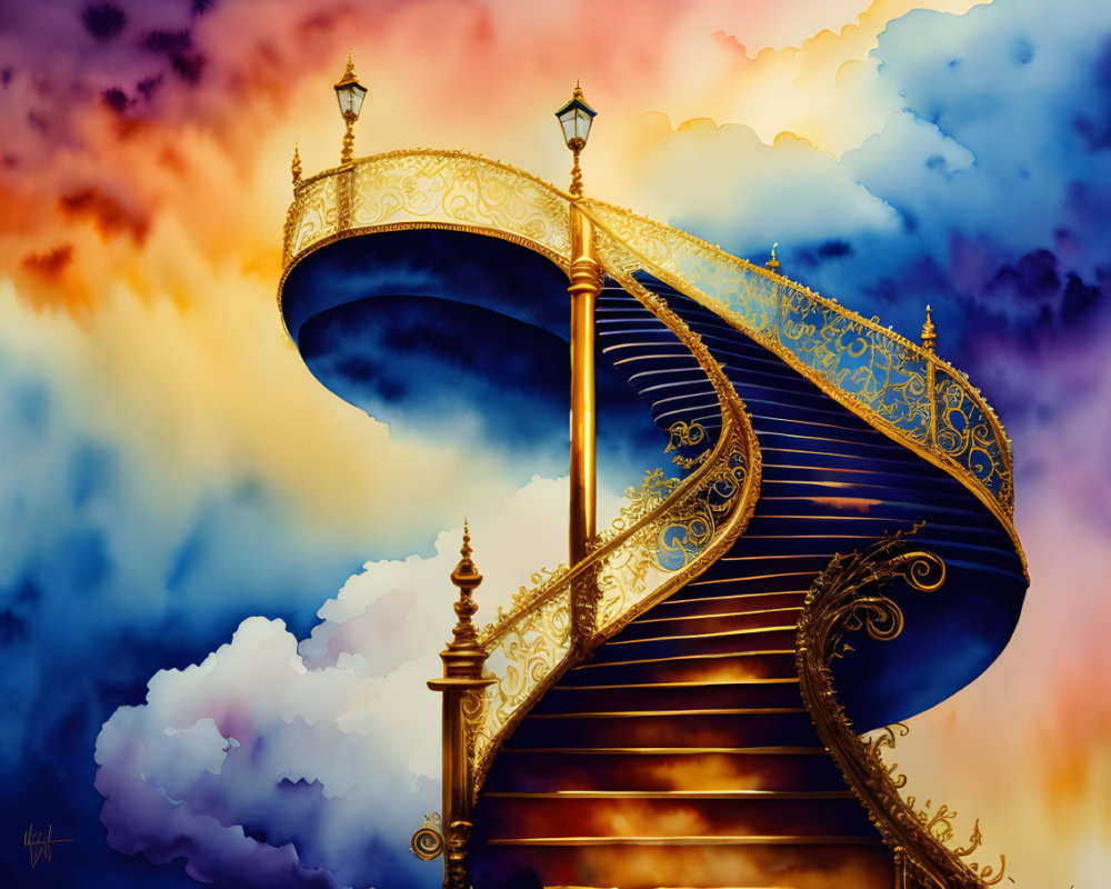 Golden spiral staircase ascends into colorful skies