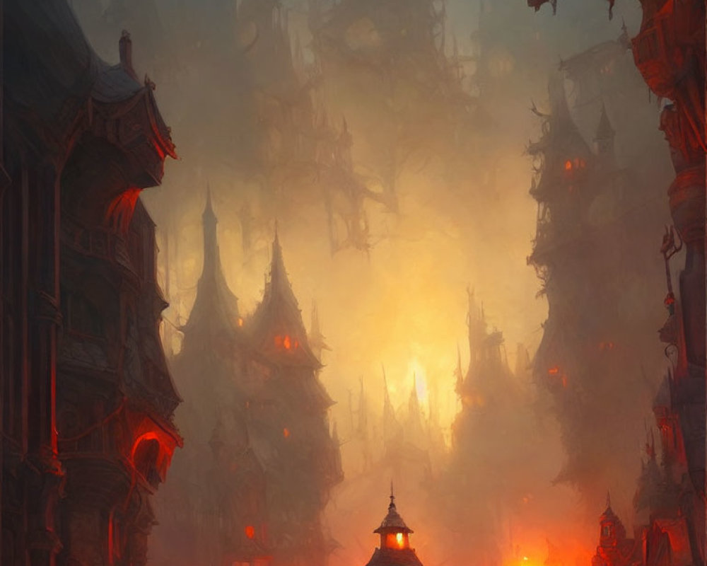 Ancient Eastern-style fantasy cityscape in warm glowing fog
