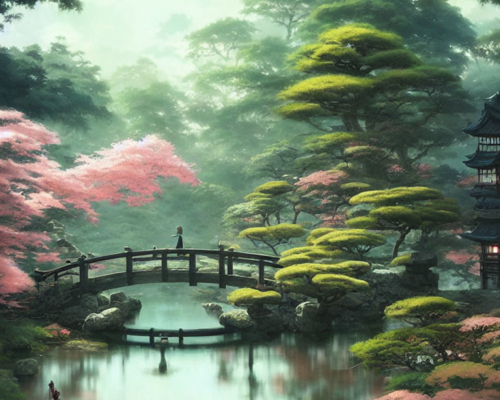 Tranquil garden with bridge, pond, pagoda, lush trees, and pink flora