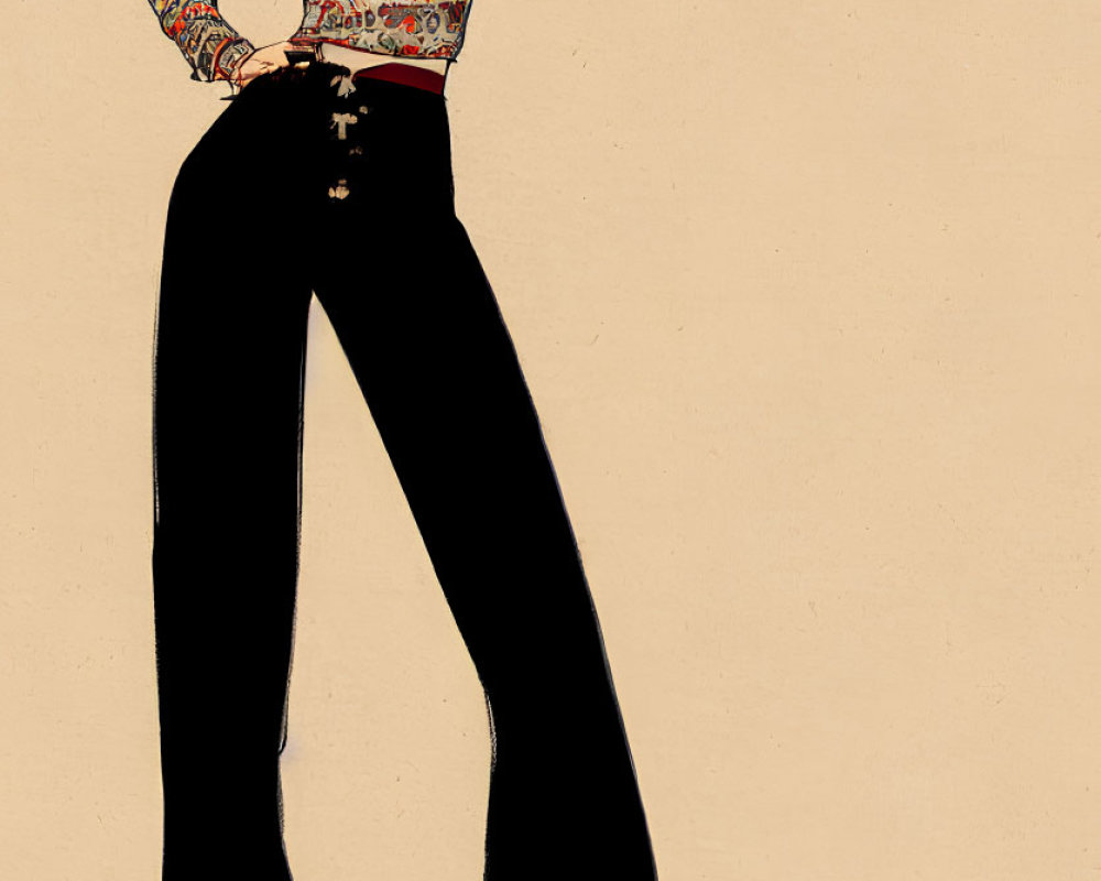 Fashionable woman with long wavy hair in patterned blouse and black pants