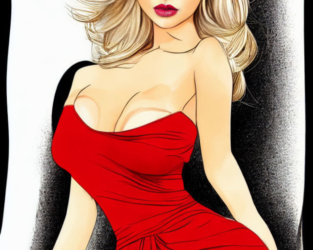 Glamorous woman with blonde hair in red dress on monochrome backdrop