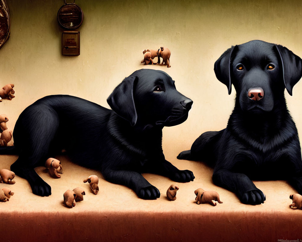 Black Labrador Dogs Surrounded by Brown Puppies