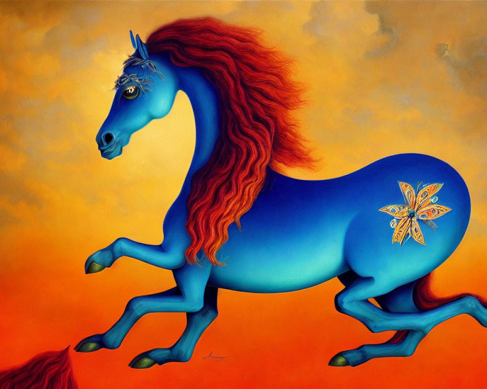 Colorful painting: Blue horse with red mane on orange background