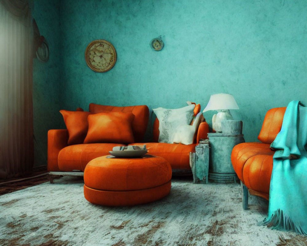 Vintage-style Room with Teal Wall, Orange Sofa, and Classic Decor