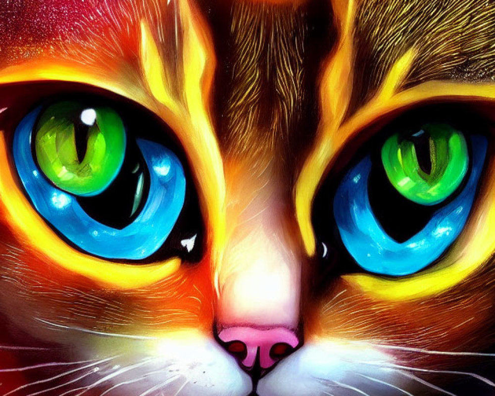 Colorful Digital Painting of Cat with Blue and Green Eyes