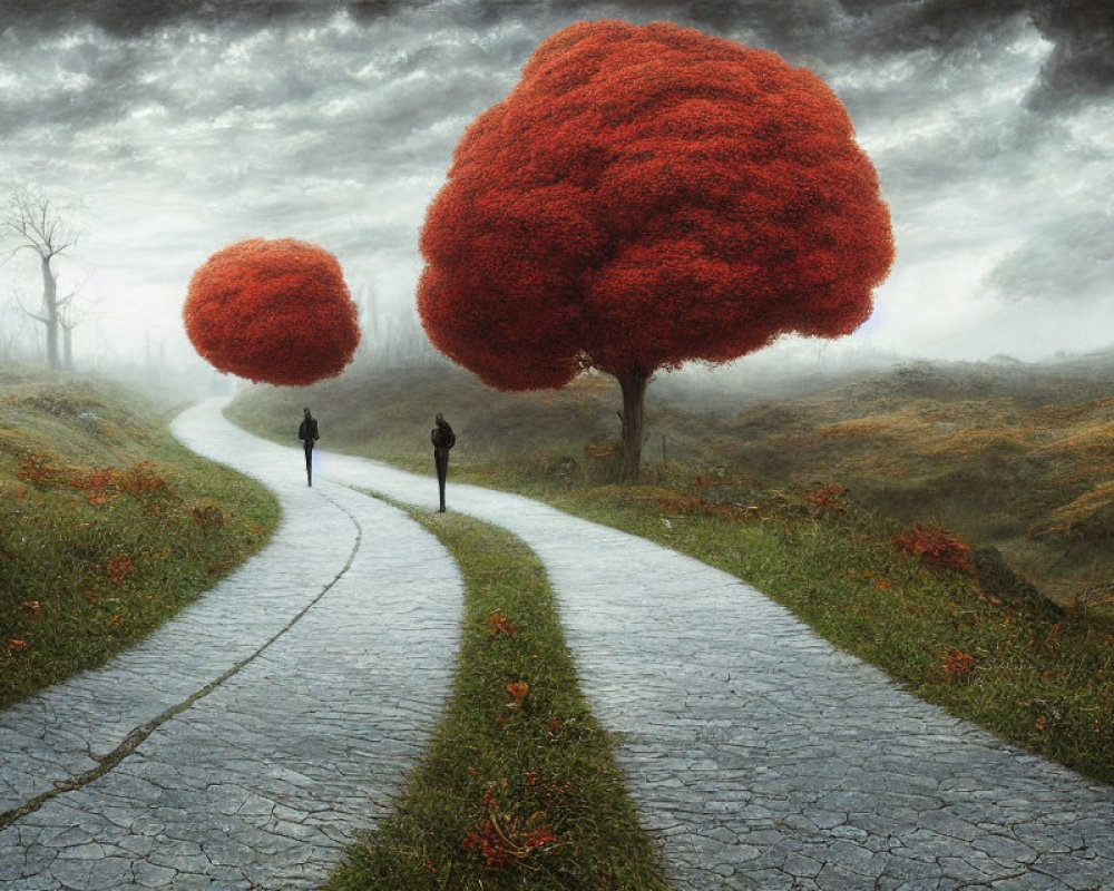 Surreal landscape with oversized red trees and silhouetted figures